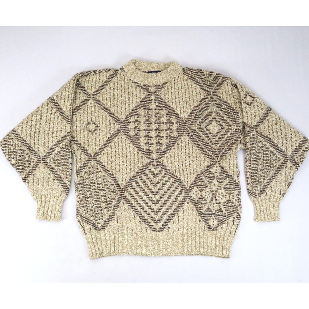 VINTAGE Boat House Row Sweater Men Large Beige Diamond Wool Blend‎ Made USA